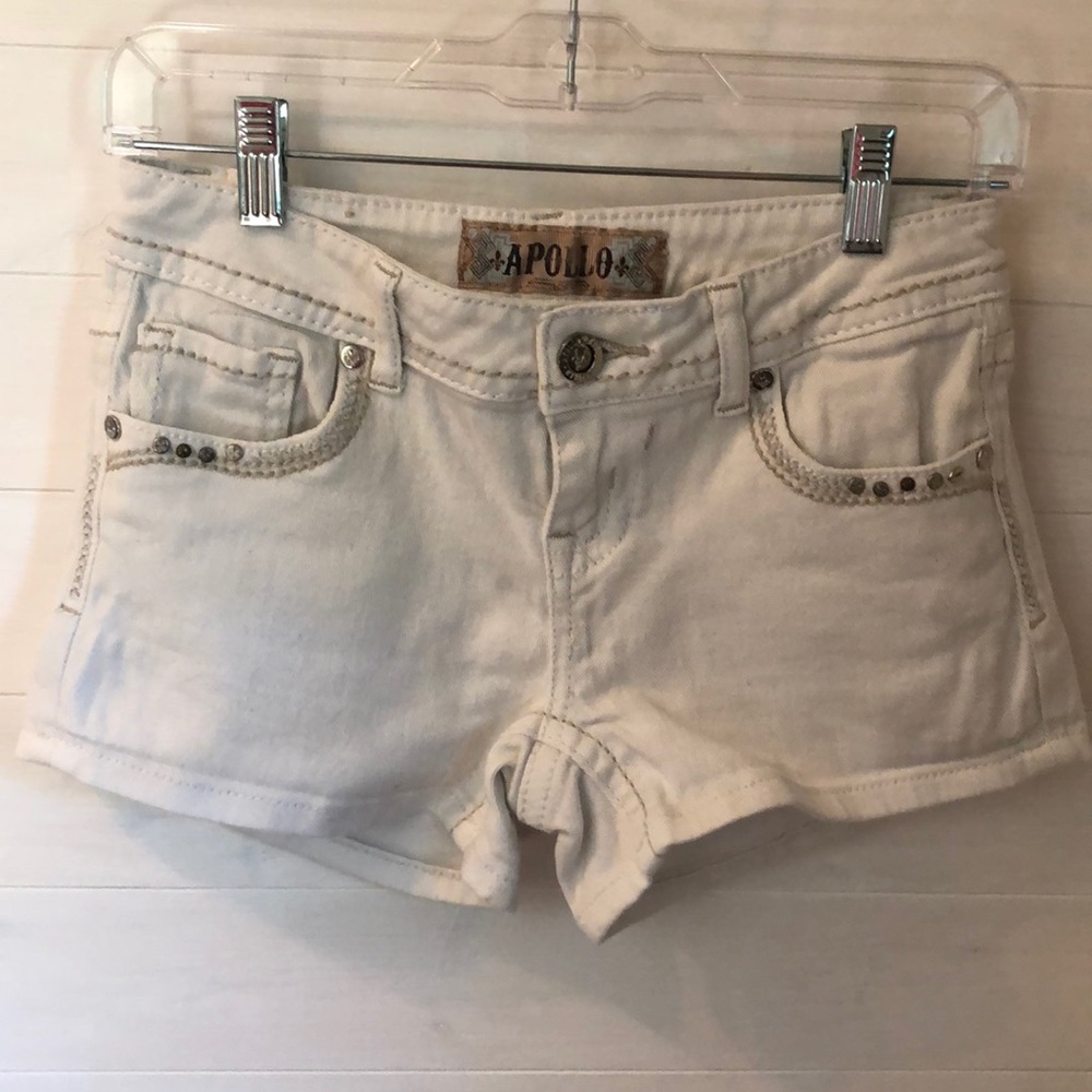 White denim shorts with jeweled pockets